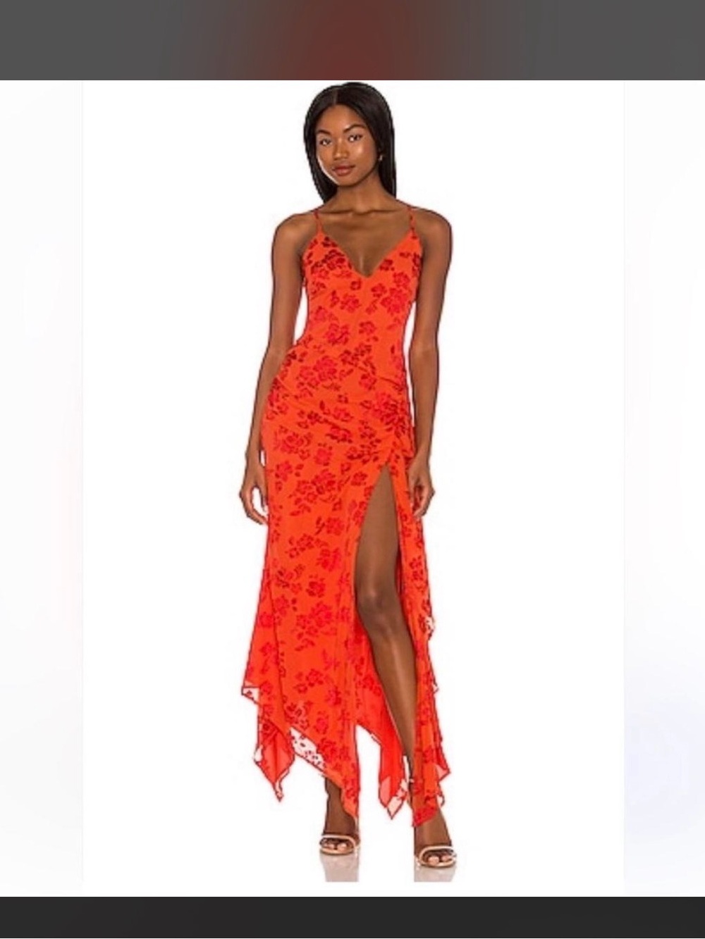 NBD Red Floral High-Low Slip Dress with Side Slit